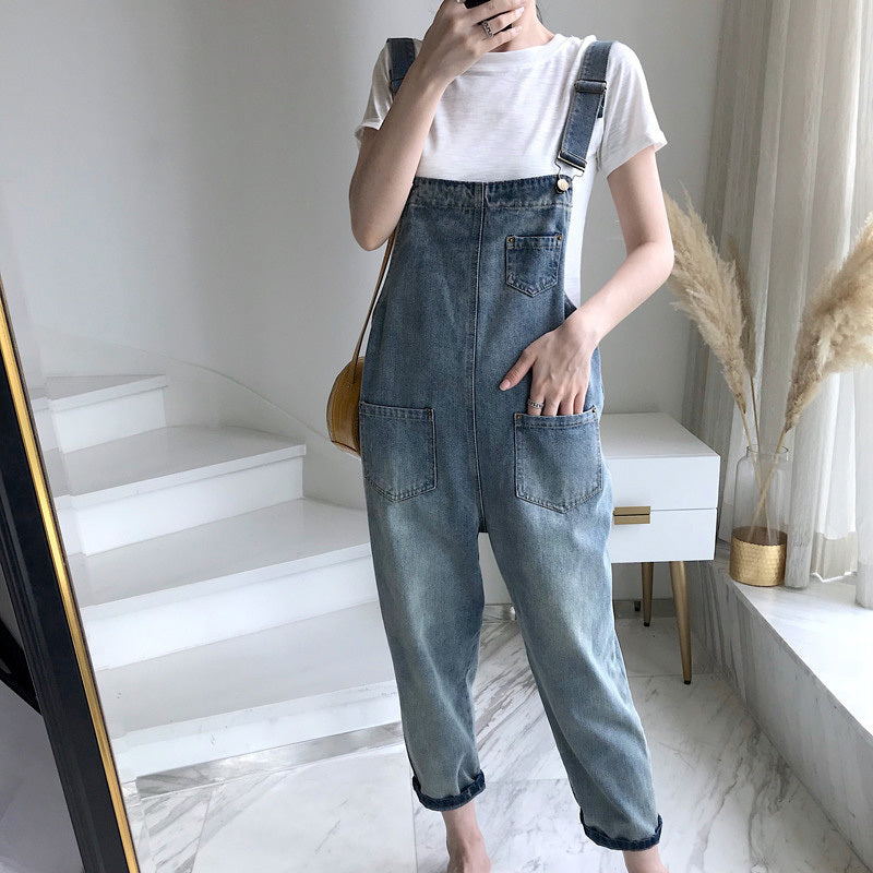 Women's Vintage Loose Cropped Denim Strap Pants