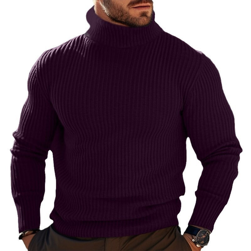 Autumn And Winter Turtleneck Solid Color Striped Sweater Men