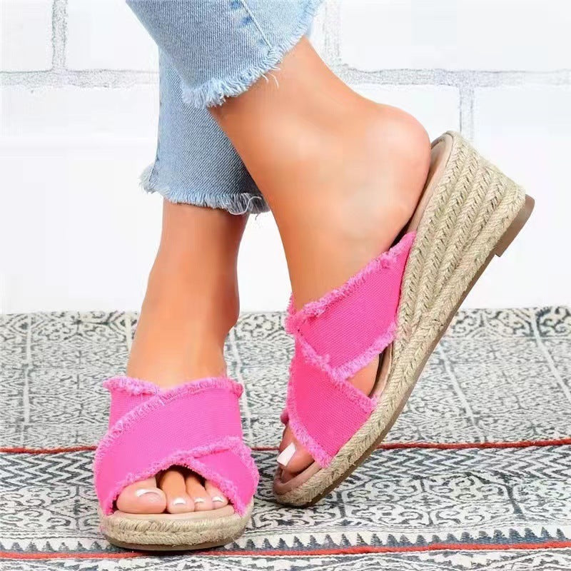 Denim Fashion Hemp Braided Lightweight High Heel Slippers