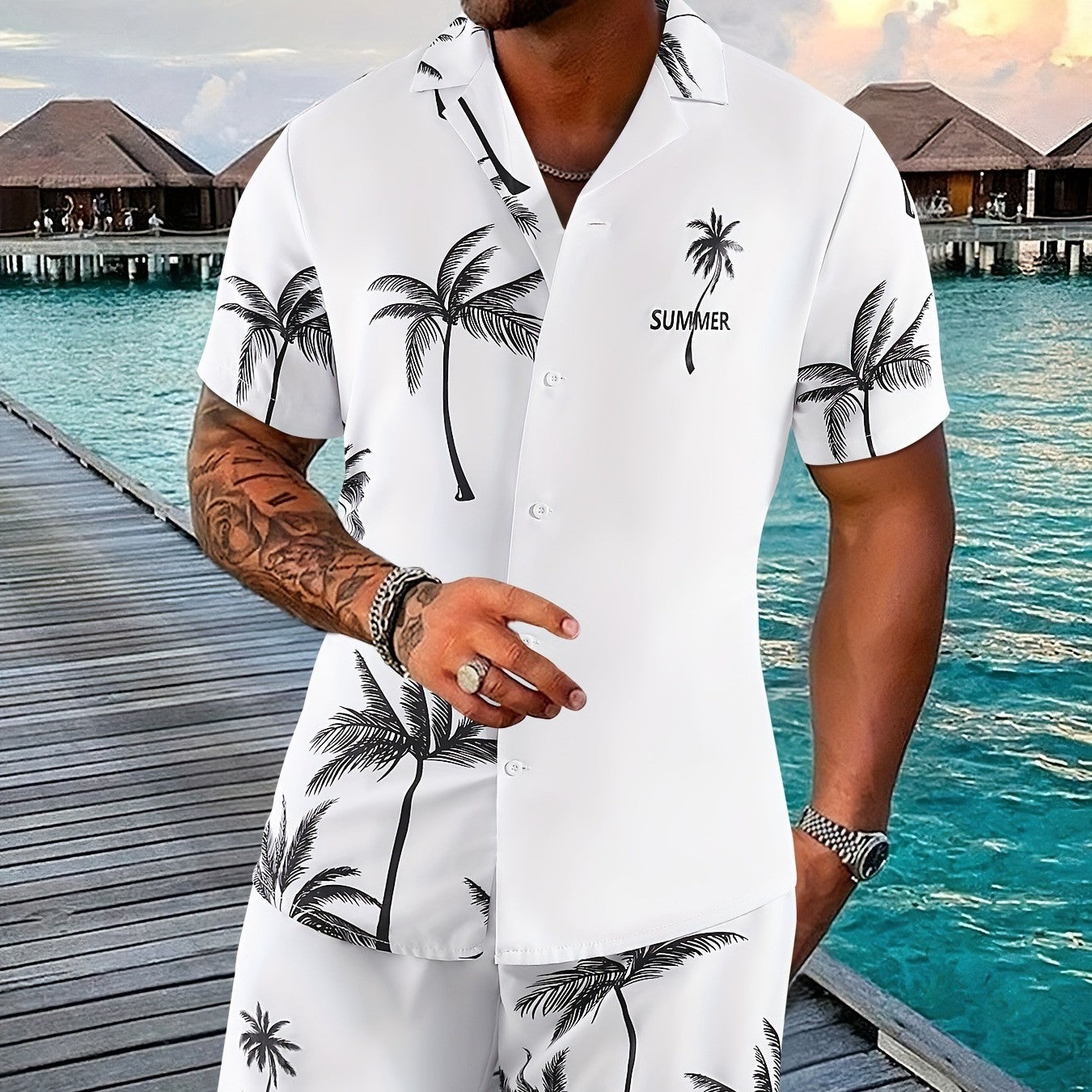 Coconut Tree 3d Printed Short Sleeve Shorts Suit