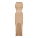 Solid Color Round Neck Vest Side Open Skirt Suit Ladies