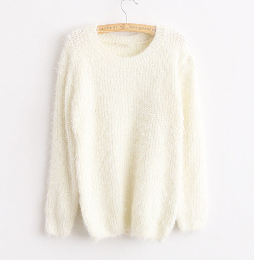 Women's Clothing Super Soft Candy Color No Pilling Mohair Crew Neck Pullover Sweater