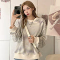 Korean Style Loose Design Striped Top Round Neck