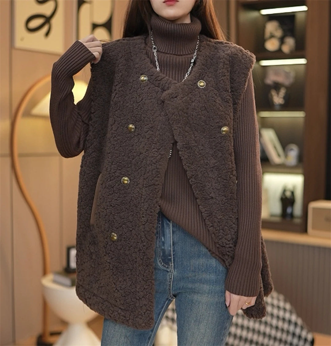 Classic Fleece Lamb Wool Mid-length Loose-fitting Waistcoat