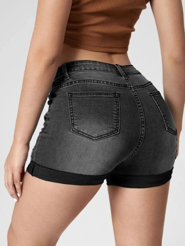 Women's Fashion Holes Curling High Elastic High Waist Denim Shorts