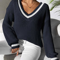 Women's Sweater Contrast Color V-neck Loose Sweater Casual