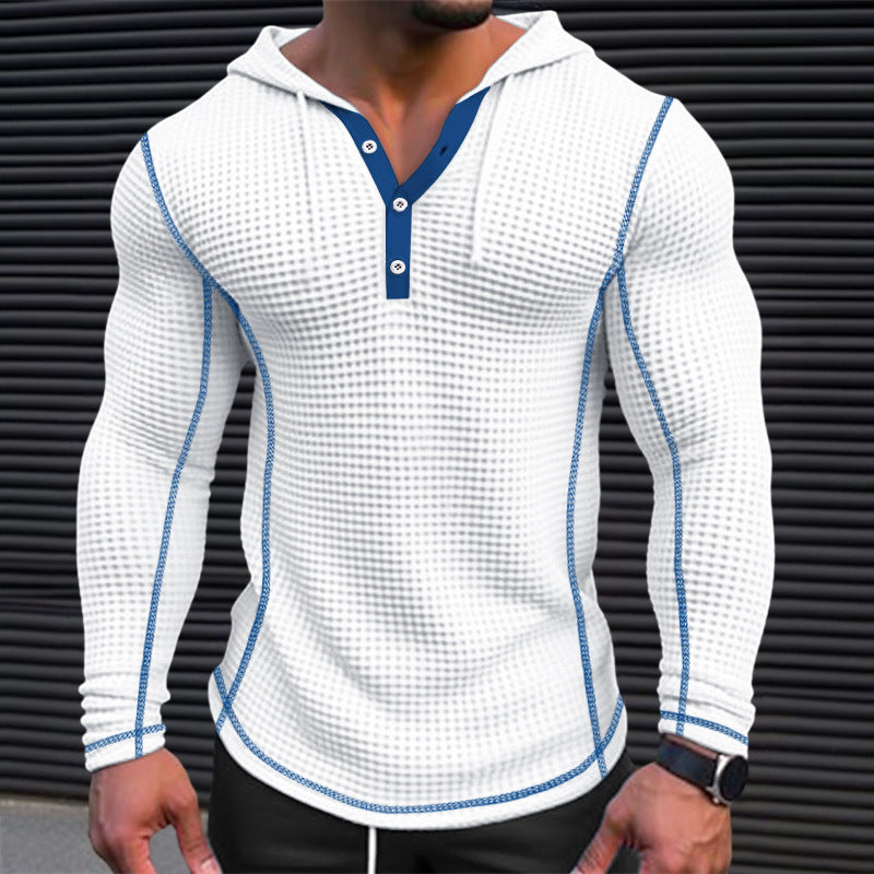 Men's Waffle Button Hoodie T-shirt Top Holiday Long Sleeve Casual Fashion