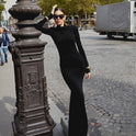 European And American Chain On Neck Backless Slim Fit Solid Color Basic Long Sleeve Narrow Skirt