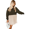 Fashion Colorblock Pleated Knee-length Short Skirt For Women European And American Leisure Loose Long Sleeve Dress