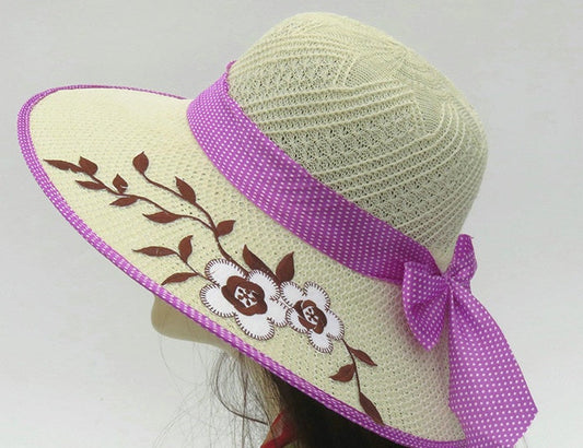 Dome Large Brim Monochrome Bow Straw Hat