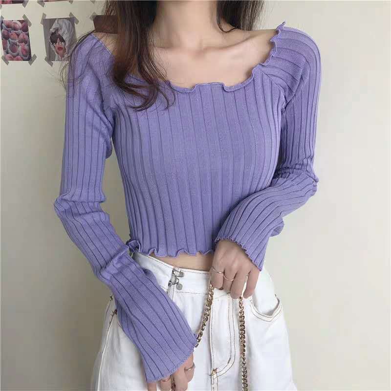 Black Wooden Ear Side Word Shoulder Knitted Thin Long-sleeved T-shirt Women's Summer Short Top