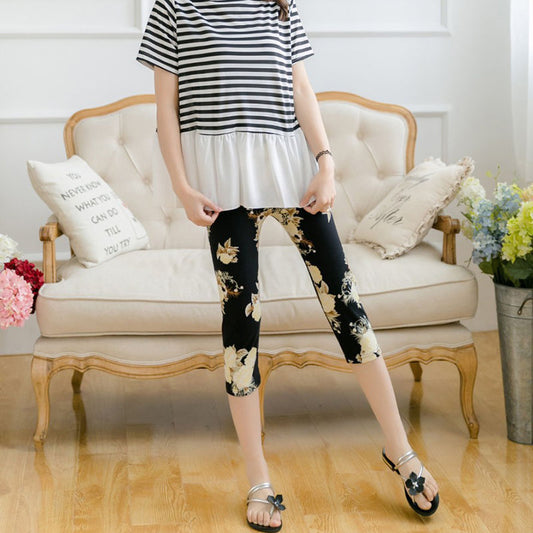 Flower Cropped Pants Women's Stretch Milk Silk Printed Leggings