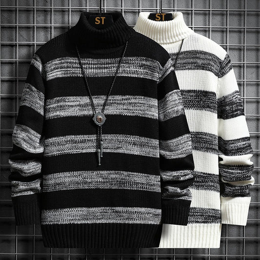 High-neck Men's Autumn And Winter Long-sleeved Trendy Slim Striped Sweater