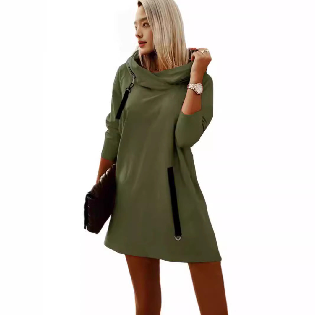 Autumn And Winter Loose Zipper Hooded Long Sleeve Dress