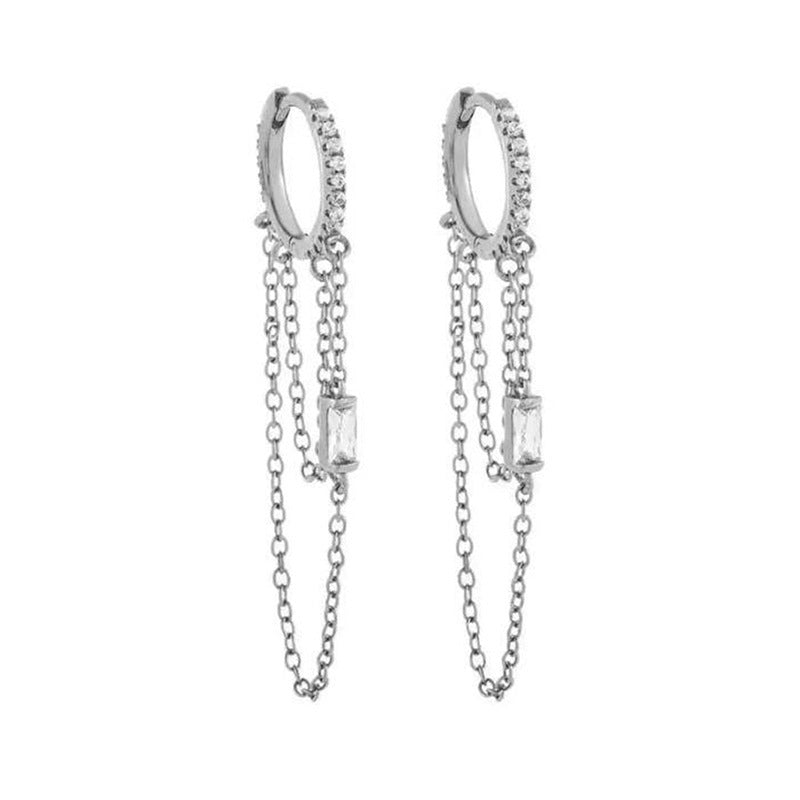 Silver Needle Chain Tassel Design Micro-inlaid Color Zircon EAll-match Earrings