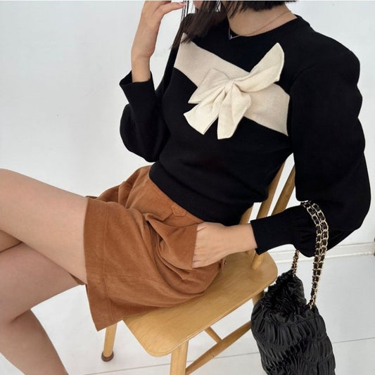 South Korea Contrast Color Sweet Big Bow Knitted Sweater