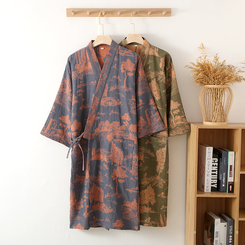 Men's Cotton Gauze Kimono Long Dress Bathrobe