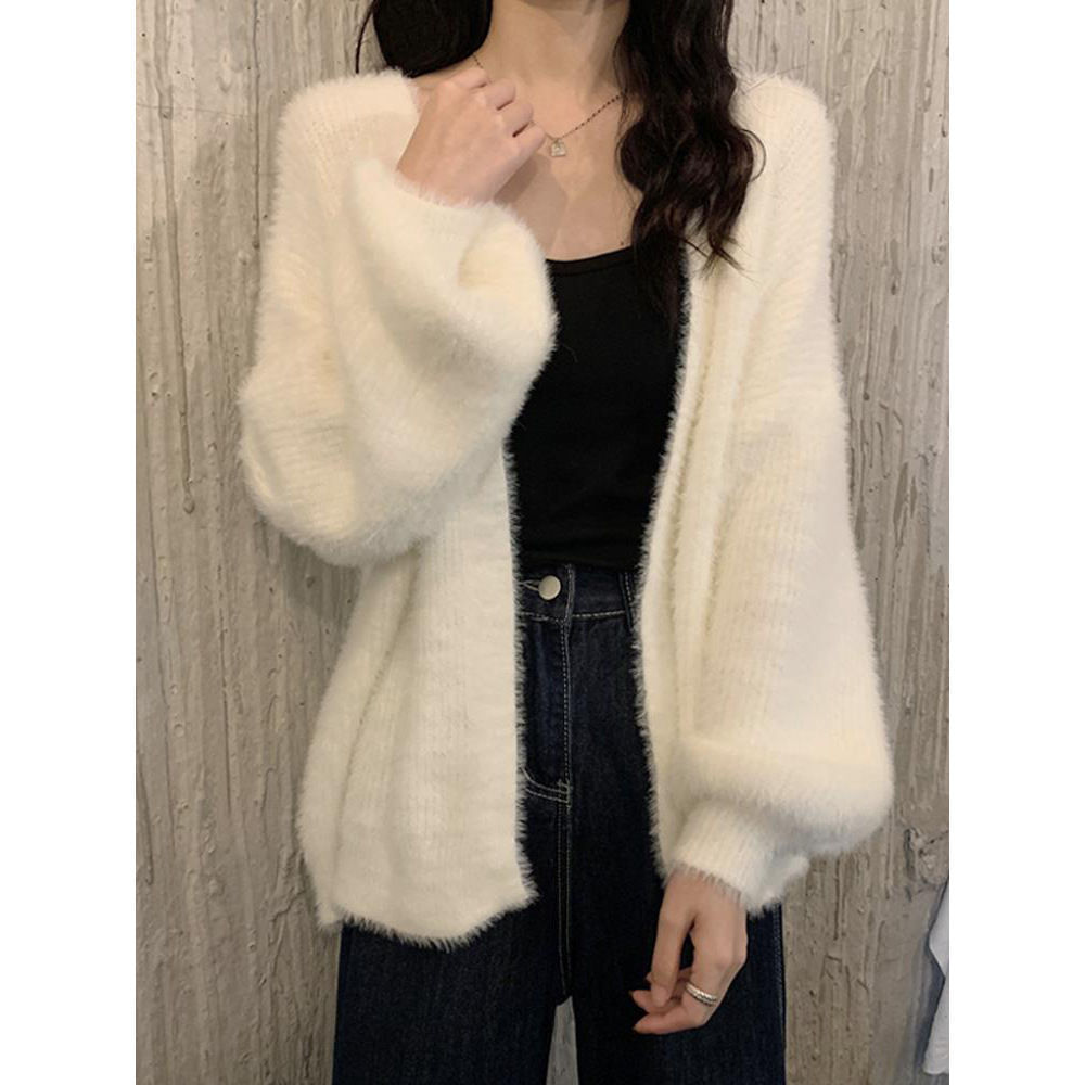 Spring And Autumn Mink-like Wool White Knitted Fabric Cardigan For Women