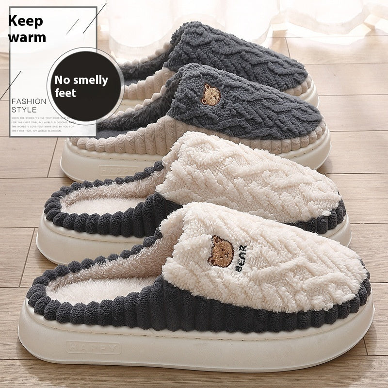 Cute Bear Plush Slippers Winter Warm Fleece Shoes Indoor Bedroom Floor Home Slippers For Women Men Couple