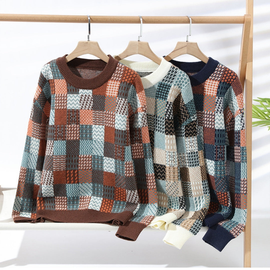 Men's Simple Casual Plaid Printed Thick Warm Sweater