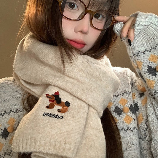 Autumn And Winter Fashionable Warm Cartoon Cute Embroidered Puppy Scarf For Women