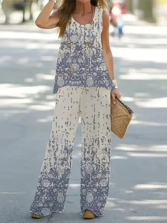 Women's Fashion Printed Casual Vest Trousers Two-piece Suit