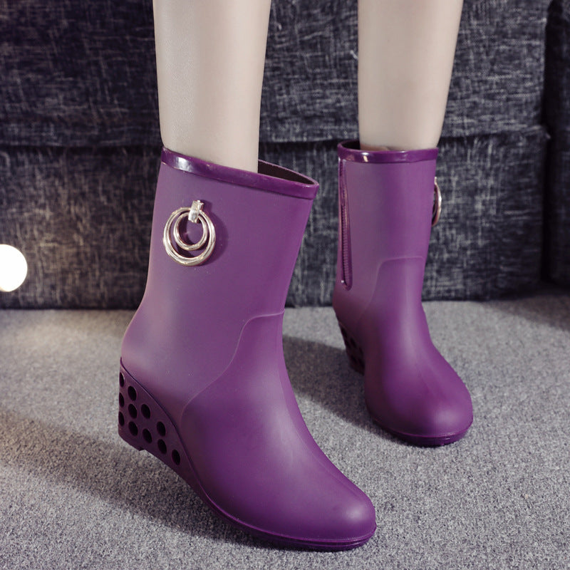 Fashion Slope Heel Rain Boots Female Mid-tube Zipper Waterproof Student Outdoor