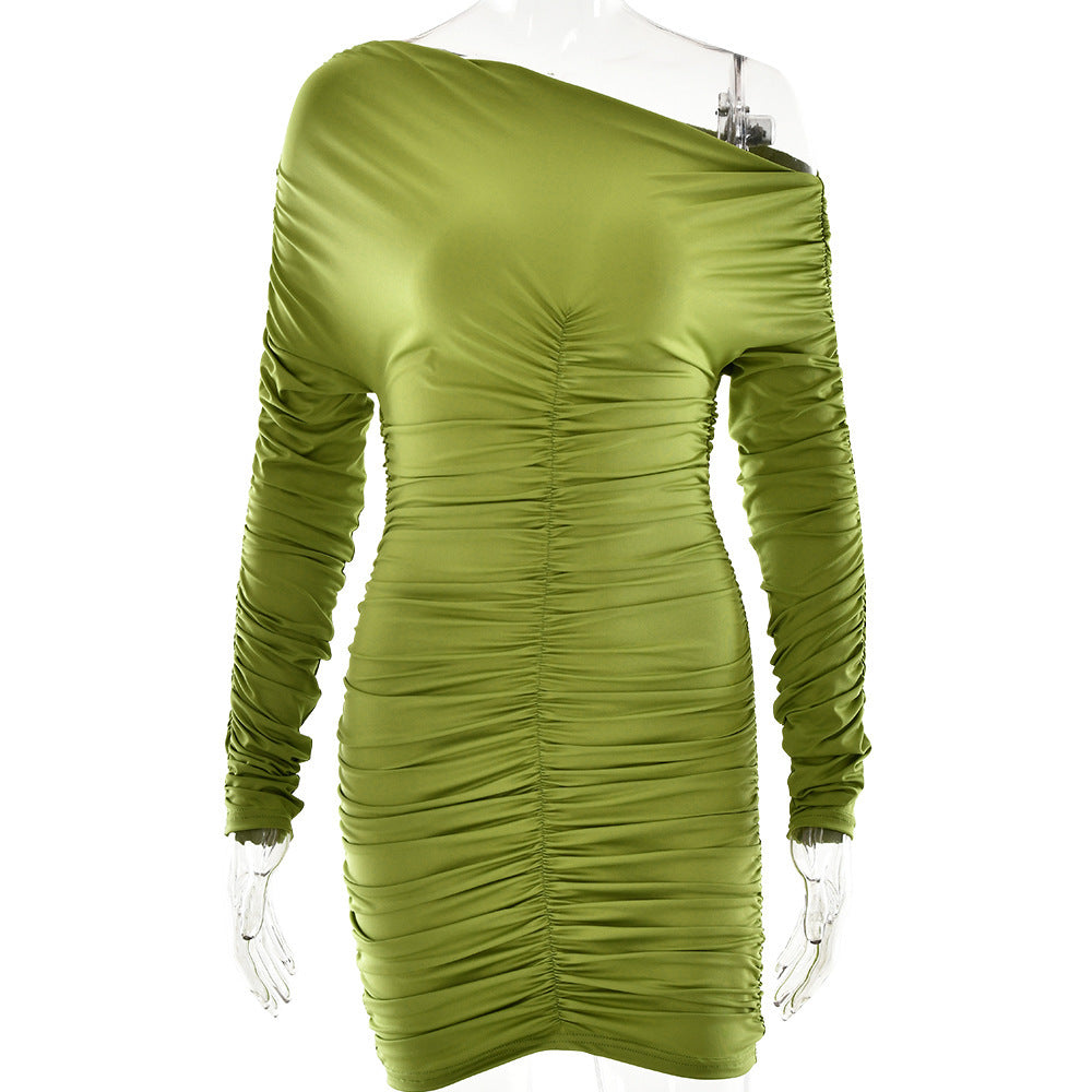 Women's Long Sleeve Pleated Slim Fit Dress