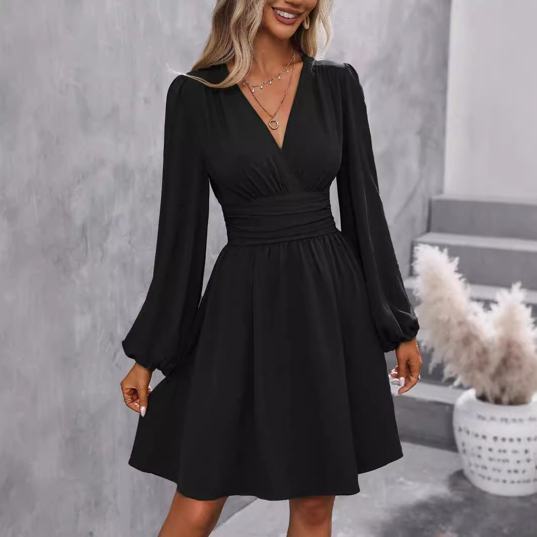 Diagonal Collar Lantern Sleeve Pleated Waist Dress