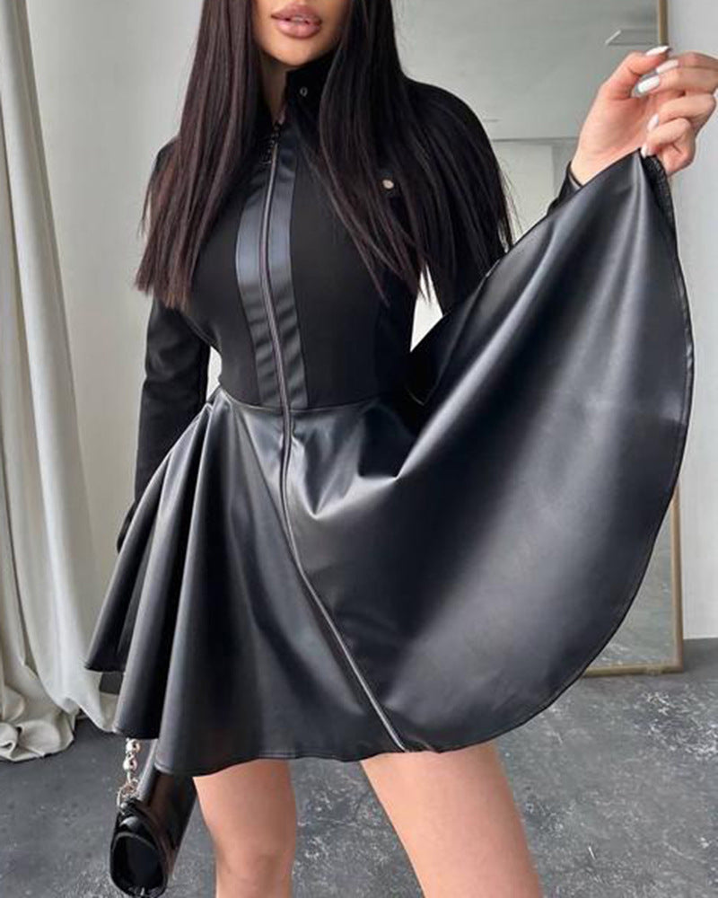 Women's Leather Stitching Long Sleeve Dress