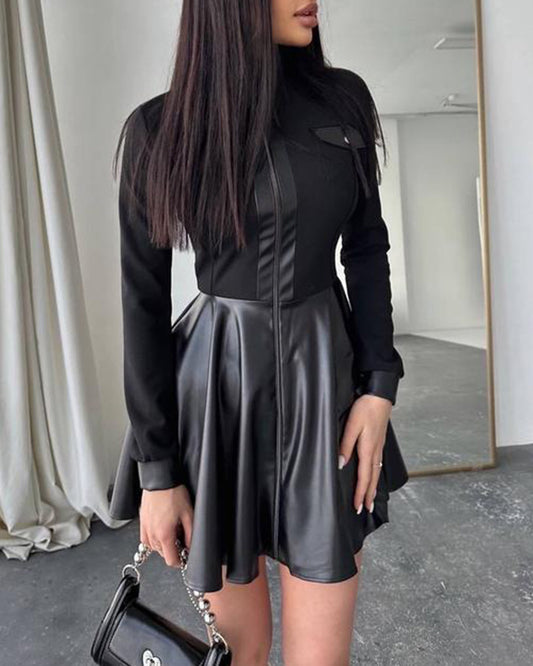 Women's Leather Stitching Long Sleeve Dress