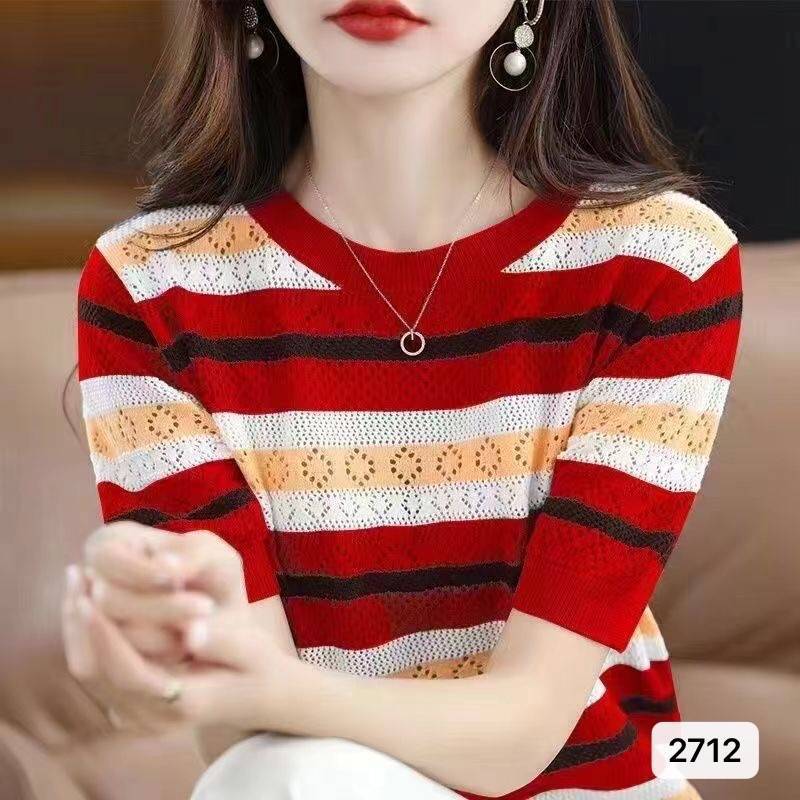 Color Matching Hollow Out Half Sleeve Loose Striped Top