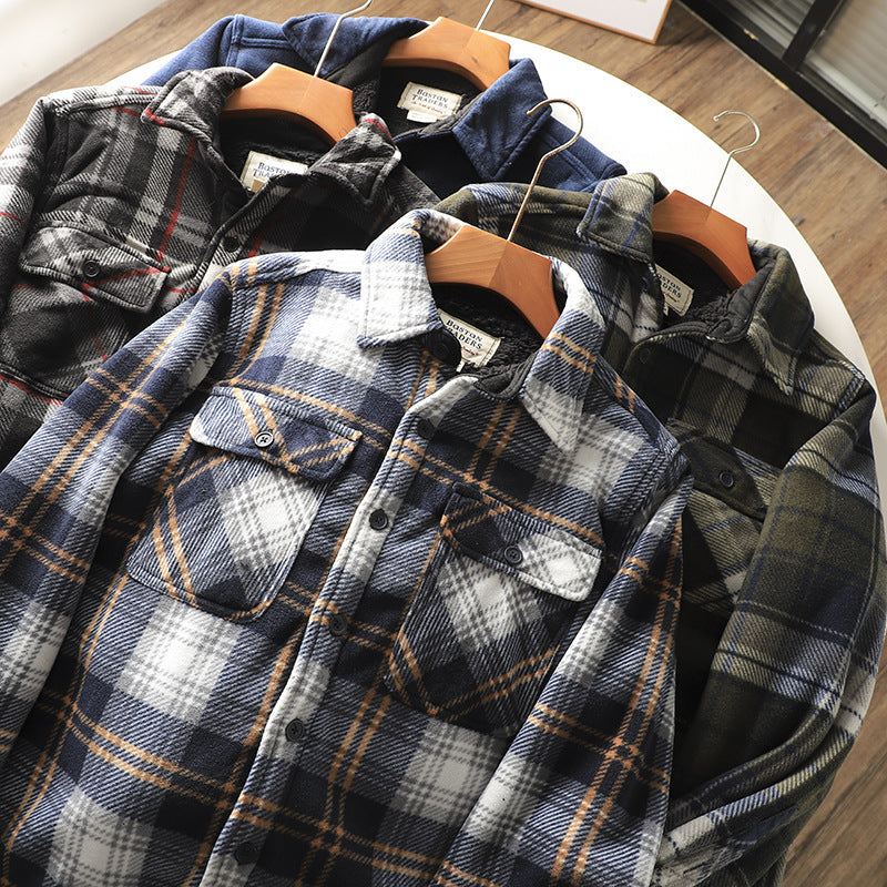 Fleece Lined Padded Warm Keeping Loose Lamb Wool Plaid Shirt