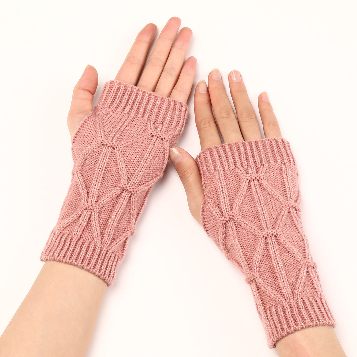 Rhombus Fashion Oversleeve Knitted Wool Keep Warm Half Finger Gloves