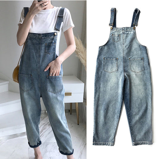 Women's Vintage Loose Cropped Denim Strap Pants