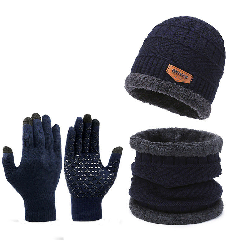 Men's Winter Scarf Gloves Three-piece Set Fleece-lined Warm Knitted Hat