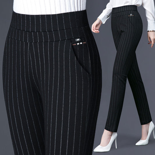 Elastic High Waist Spring Leisure Elastic StripeStraight-leg Pants