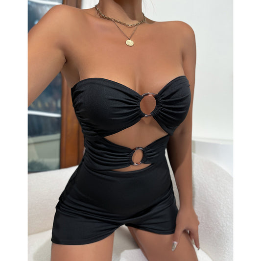 European And American Tube Top Hollow Resin Ring Pleated Jumpsuit