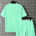 Men's Outfit, Solid Casual Loose Crew Neck Short Sleeve T-Shirt & Drawstring Shorts With Multi Pockets 2-piece Set For Summer Outdoor Activities