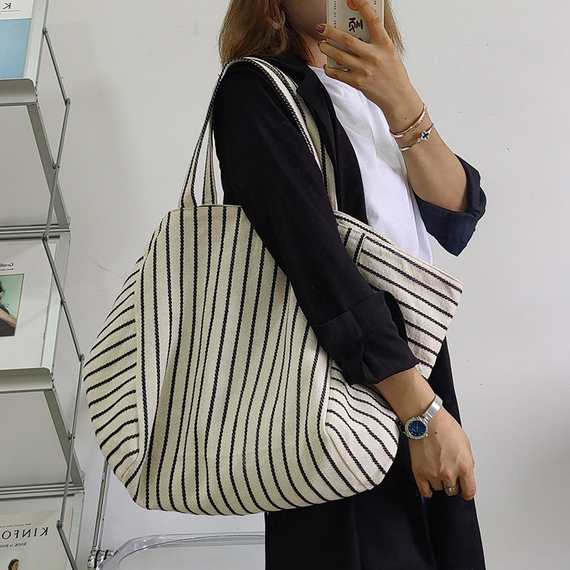 Canvas Bag For Women Ins Shoulder Large Capacity Idle Style Striped Fashion