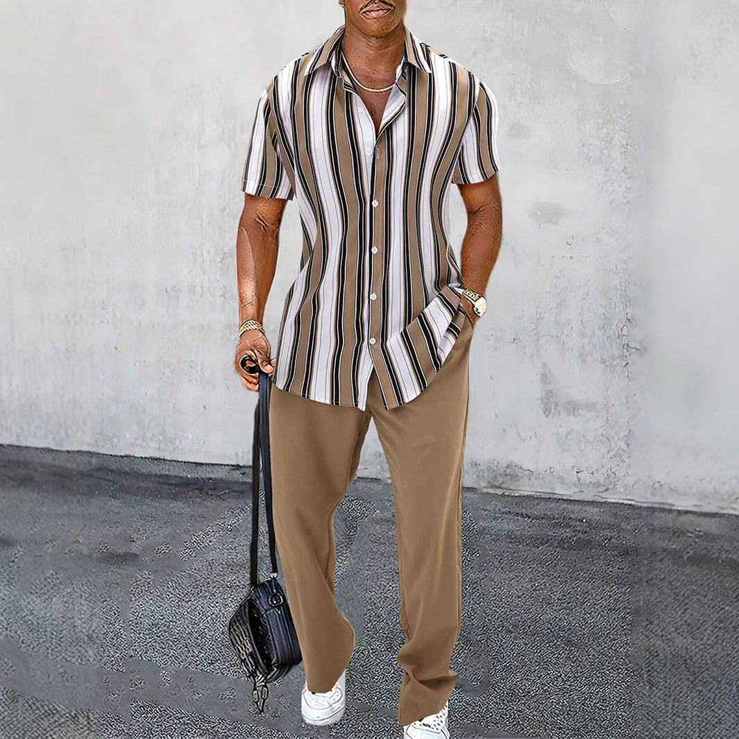 Casual Fashion Striped Short Sleeve Shirt Trousers Suit