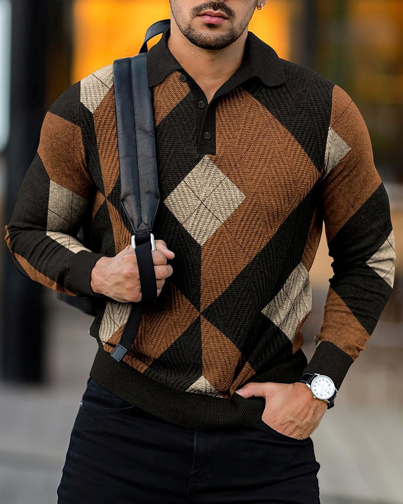 Men's Digital Printing Lapel Button Casual Top