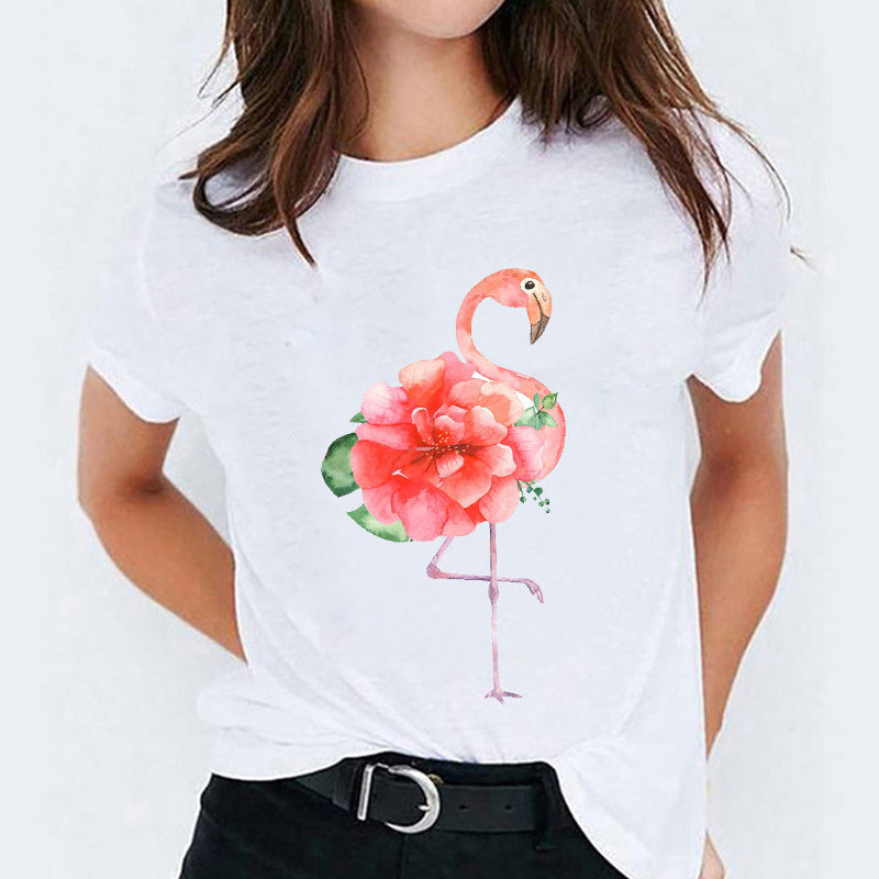 Cat Flamingo Round Neck Print T-shirt Short Sleeve Women's Clothing