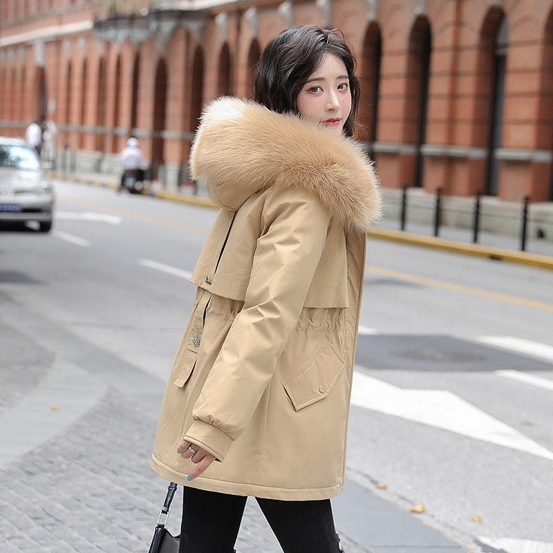 Big Fur Collar Loose Cotton-padded Fleece-lined Thickened Parka Cotton Clothing