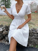 White Deep V-neck Waffle Bohemian Dress