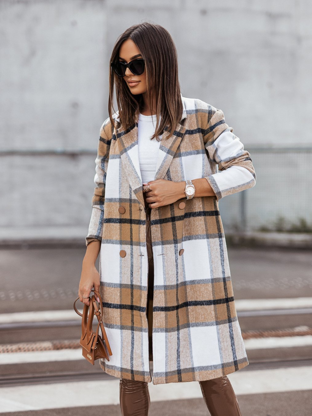 European And American Fall Winter Fashion Brushed Mid-length Plaid Wool Coat