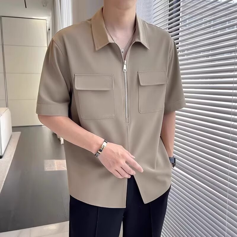 Half Zipper Short Sleeve Workwear Shirt Men