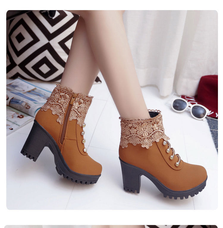 Fashion Embroidered Side Zipper And Cotton High Heels Tide