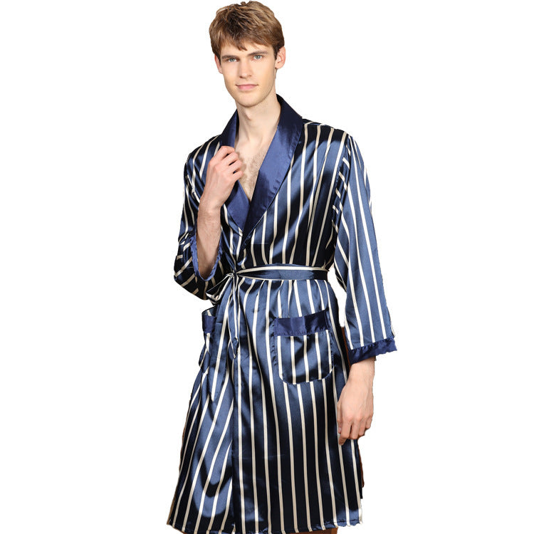 Men's One-Piece Striped Long-Sleeved Silk Robe