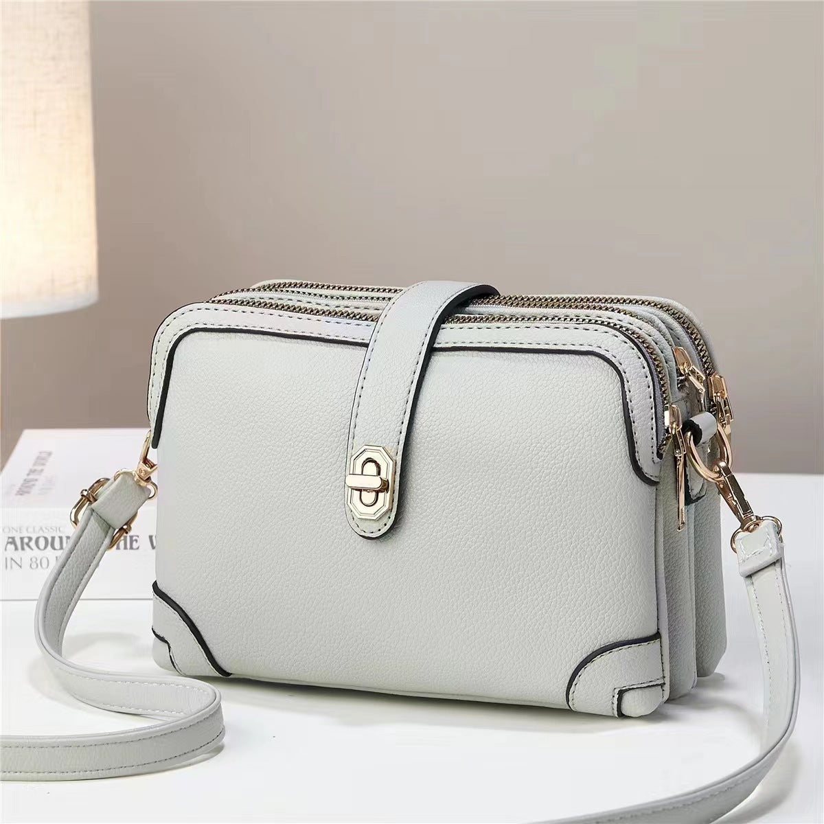 Multi-layer Lychee Pattern Simple Texture Soft Leather Western Style Multi-functional Shoulder Crossbody Small Square Bag